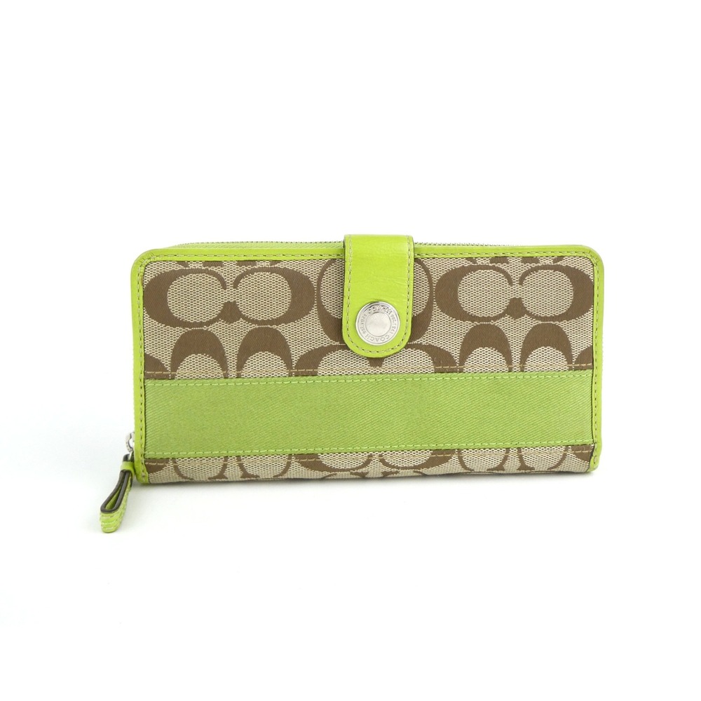 Coach Signature Khaki Green Bifold Snap Wallet